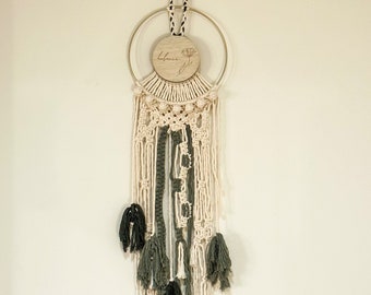 Handmade Macramé Wall Hanging with Upcycled Wood 'Balance' Candle Lid - Recycled Cotton, Sage & Army Green