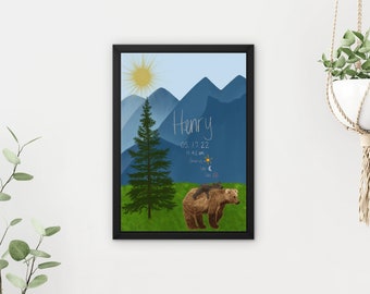 Custom Birth Chart Print - Hand-Drawn Brown Bear Design with Name & Zodiac | Baby Gift, Baptism, Birthday