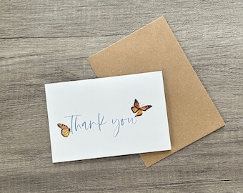 Thank You Cards (Pack of 10) - Hand-Drawn Monarch Butterflies, Blank Inside, Includes Brown Craft Envelopes