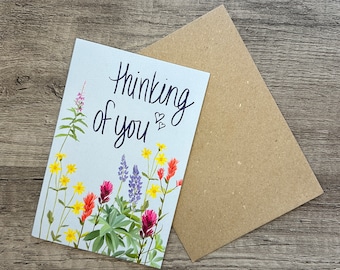 Thinking of You Greeting Card - Hand-Drawn Wildflower Illustration, Blank Inside, Includes Brown Craft Envelope