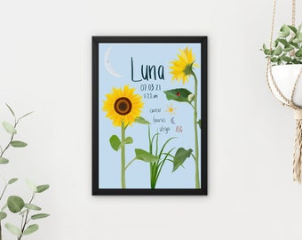 Custom Birth Chart Print - Hand-Drawn Sunflower Moon Design with Name & Zodiac | Baby, Baptism, Birthday Gift