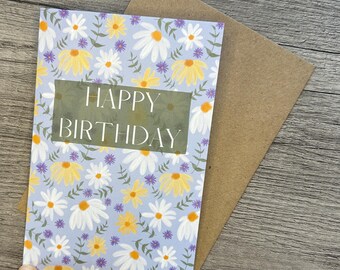 Happy Birthday Greeting Card - Hand-Drawn Flower Illustration, Blank Inside, Includes Brown Craft Envelope