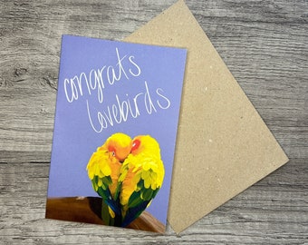 Congrats Lovebirds Greeting Card - Hand-Drawn Lovebirds on Branch with Handwritten Phrase
