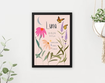 Custom Birth Chart Print | Floral Butterfly Design with Name & Zodiac Signs | Perfect Baby, Baptism, or Birthday Gift