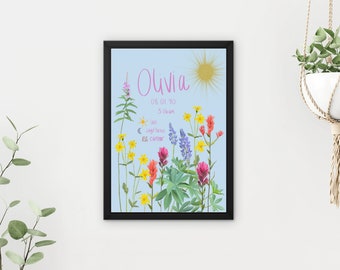Custom Birth Chart Print | Mount Rainier Wildflower design feat. Name & Zodiac | Baby, Baptism, Child Birthday Gift