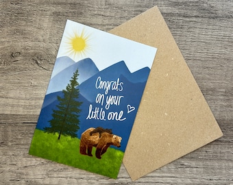Congrats New Baby Greeting Card - Hand-Drawn Forest Scene with Momma Bear and Baby Cub