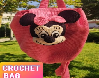 Modello di borsa all'uncinetto per bambini con Minnie Mouse, PDF Zaino grande faccia inglese-tedesco-arabo con orecchie 3D, zaino per l'asilo nido, regali per ragazze