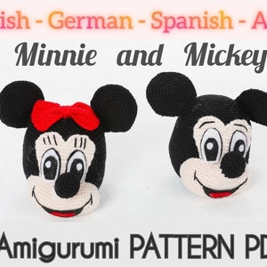 May include: Crochet amigurumi pattern PDF for making Minnie and Mickey Mouse. The pattern includes instructions in English, German, Spanish, and Arabic.