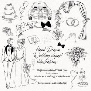 Hand-drawn wedding timeline icons clipart, black and white save the date drawings, commercial use wedding pngs, DIY wedding invitation