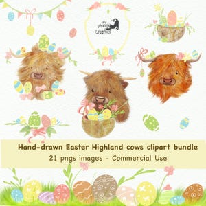 Easter highland cow clipart bundle, hand-drawn spring and floral highland cow pngs, highland cows with eggs and bows digital art printable