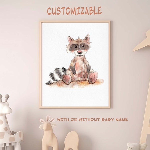 custom woodland nursery wall art, raccoon nursery wall art, custom watercolor nursery digital print, custom nursery name sign