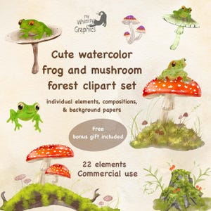 Cute watercolour frogs and mushrooms clipart for junk journal, cottage core frog and mushrooms pngs, cottage core clipart for sublimation
