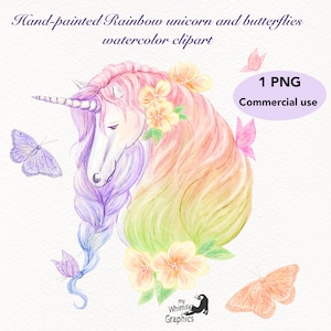 Pastel unicorn and butterflies clipart for birthday invitation, hand-painted rainbow watercolour unicorn png for sublimation commercial use