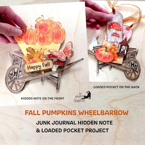 Peut inclure: Projet de bricolage en papier représentant une brouette remplie de citrouilles oranges et de feuillage d'automne. Un papillon et un champignon sont également inclus. Les mots "Happy Fall" sont sur un panneau. Projet pour un journal intime.