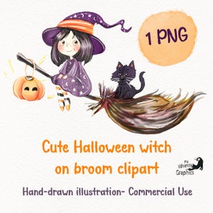 Peut inclure: Illustration à l'aquarelle d'une mignonne sorcière sur un balai avec un chat noir. La sorcière porte une robe et un chapeau violets avec des étoiles. Une lanterne citrouille est suspendue au balai. Texte : "Cute Halloween witch on broom clipart."