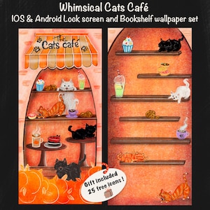 Whimsical cats café Lock Screen and bookshelf wallpaper set for IOS and Android, cute cats iOS theme, cats wallpaper and icon phone theme