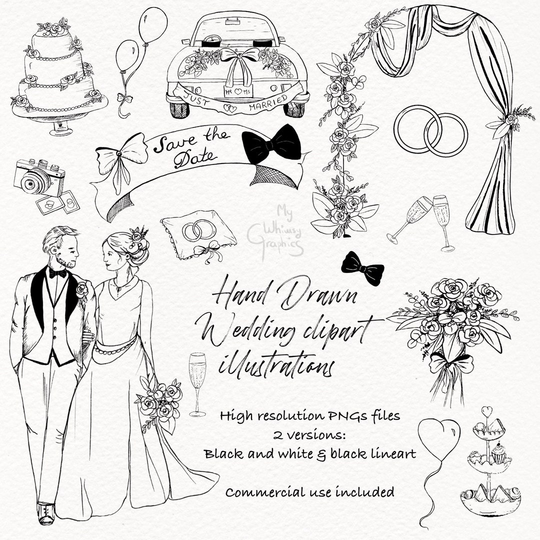 Wedding Hand-drawn Clipart, Wedding Clipart, Black and White Wedding