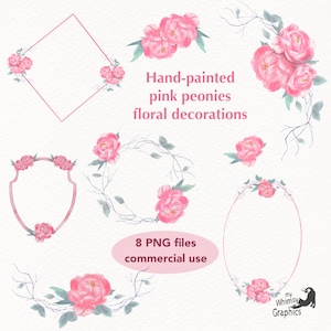 Pink peony flower hand painted watercolour clipart, floral wreath and frames for wedding invitation, bright pink floral crest and corner png