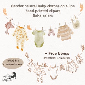 Línea de ropa de bebé neutra dibujada a mano, clipart, dibujo lineal de clipart de baby shower, decoración de guardería boho de acuarela, descarga instantánea png