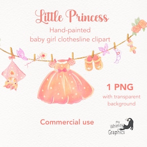Peut inclure: Illustration aquarelle d'une corde à linge avec des vêtements de bébé fille suspendus. Les vêtements comprennent une robe rose à étoiles, un body licorne rose et blanc, une paire de chaussons roses, un bandeau et un papillon. Le texte "Little Princess" et "Hand-painted baby girl clothesline clipart" est en haut de l'image. Le texte "1 PNG with transparent background" est dans le coin inférieur droit de l'image. Le texte "Commercial use" est dans le coin inférieur gauche de l'image. Le texte "my Whimsy Graphics" est dans le coin inférieur droit de l'image.