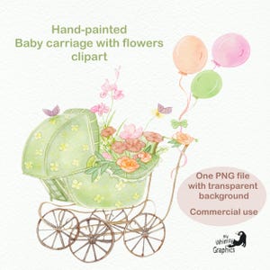 Baby carriage with flowers clipart, hand-painted watercolor baby stroller clipart for baby shower, sage green and pink wildflowers png