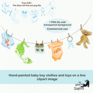 Watercolour baby boy clothes and toys on a line clipart, hand-drawn baby boy clothesline clipart image, boy baby shower png files