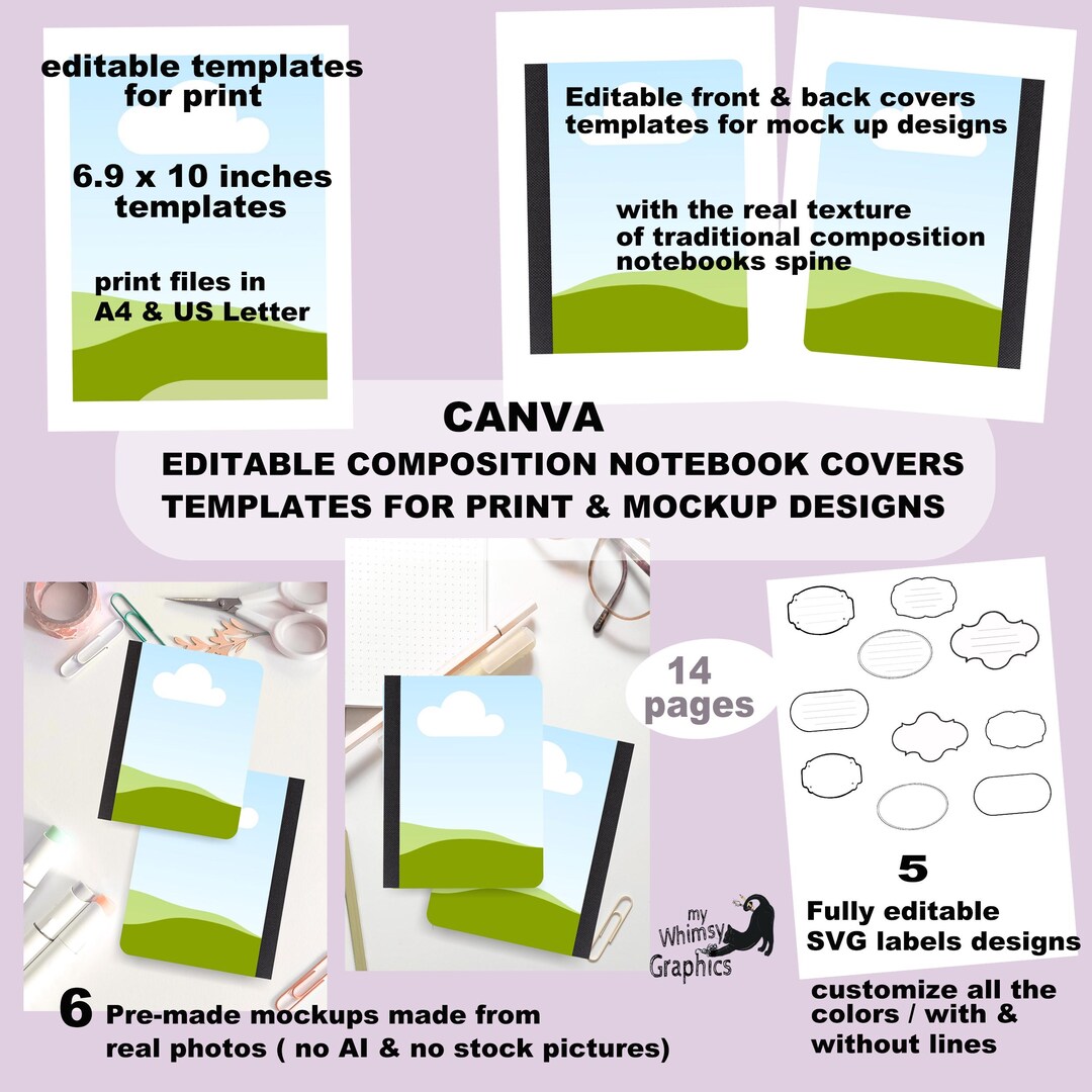 Canva Editable Composition Notebook Covers Templates for Print and ...