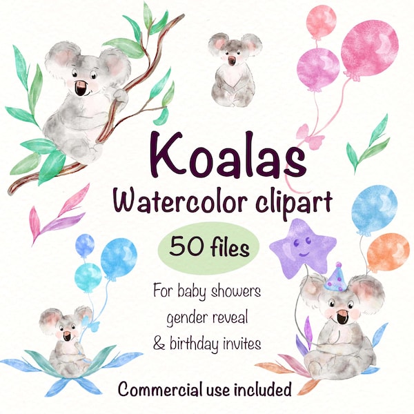 Watercolor clipart Australia, koala png, watercolor clipart animals, gender reveal png, kids birthday png, baby shower png, koala clipart