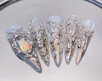Cyberpunk Blue Aurora Silver Chrome Butterfly Handpainted Press On Nails