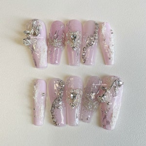 Pink & Silver Ethereal Press On Nails: Rose Charms, Cyberpunk Style - Delivered Duty Paid (DDP)