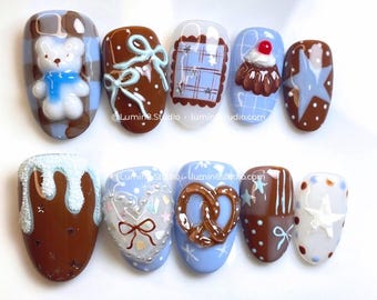 Kawaii 3D Bear Press On Nails • Blue Chocolate Jelly Handmade Nail Set
