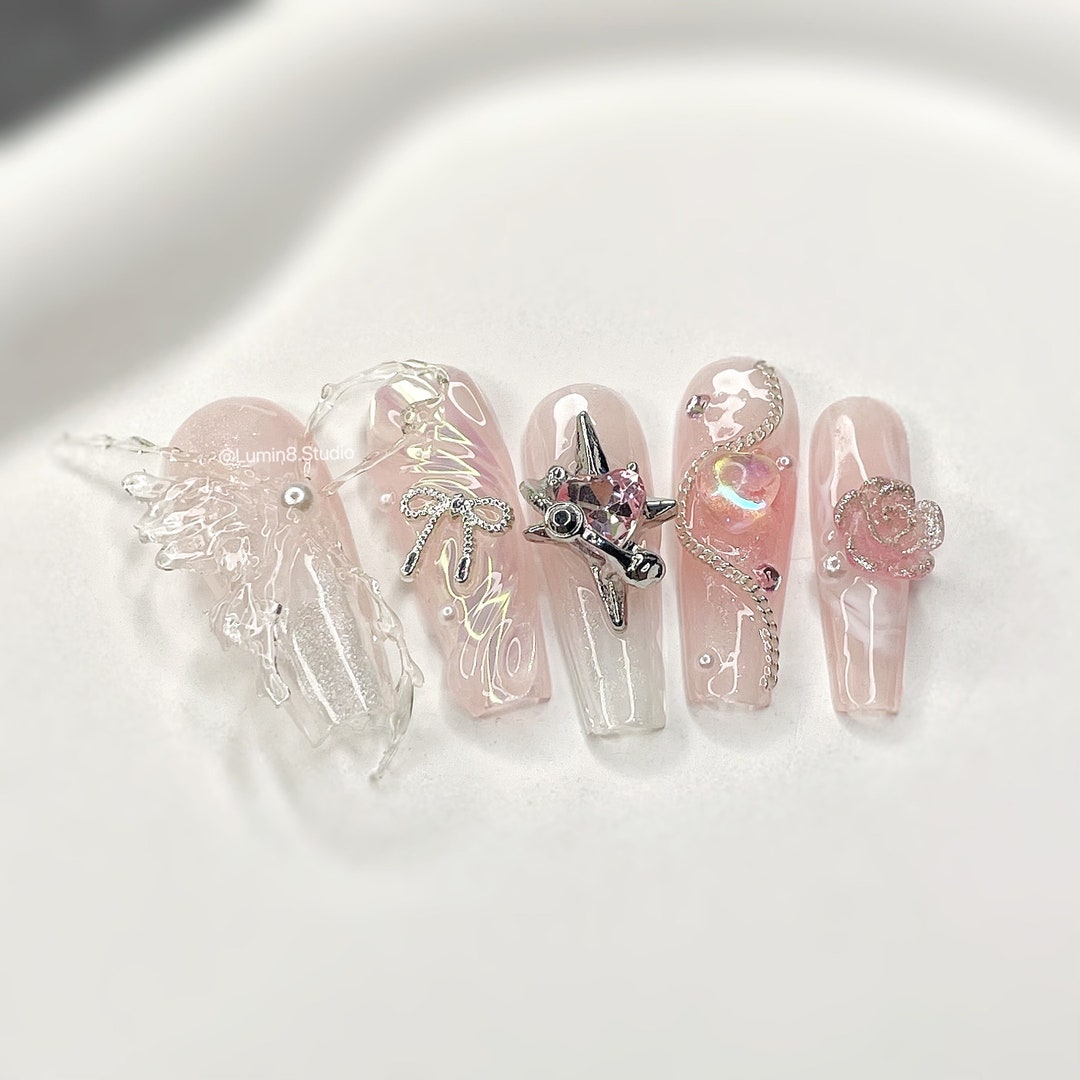 Glitter Gradient Press On Nails Nude Pink Sparkle Long Acrylic Style