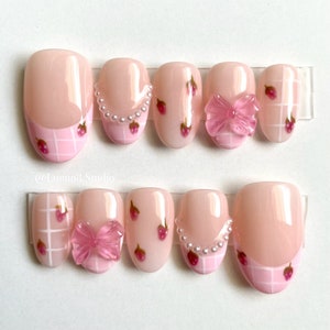 LM04 - Cute Pink Strawberry Handpainted Press On Nails
