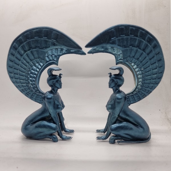 Metallic blue Southern Oracle Sphinxes, 3d printed gift, 80's movie memorabilia, resin sphinx figurine, fantasy film statuette, lion statue