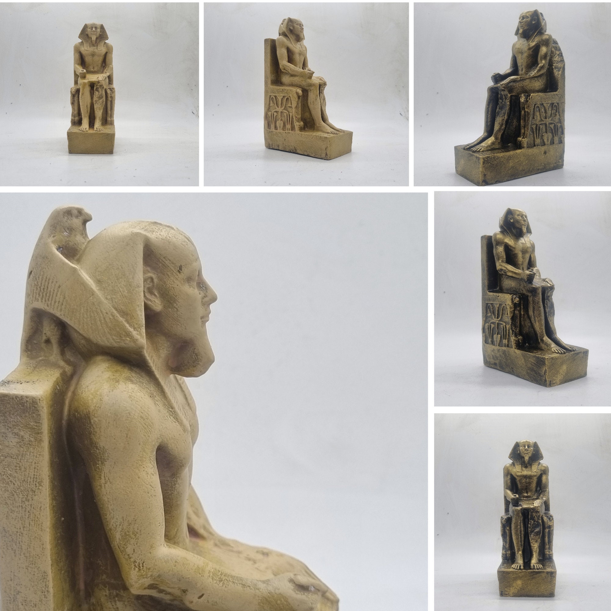 金色のファラオ「カフラー」、エジプトの像、樹脂彫刻。古代エジプトの
