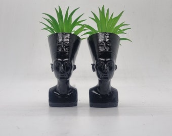 Black Pair of Queen Nefertiti planters,Egyptian queen sculpture,ancient Egypt gift idea, egyptian plant pot, african queen bust, flower pot