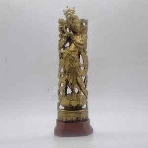 Gold colour Krishna playing flute figurine,hindu statue, indian mythology statuette, Hinduism ornament,indian religious statuette,Hindu gift