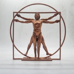 copper coloured Vitruvian man statuette, Italian Renaissance sculpture, davinci statue, human anatomy statue, human body, artist gift idea