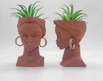 4" Brown terracotta effect African lady planters, Handpainted black girl bust,african american plant pot,African queen vase,Faux earthenware