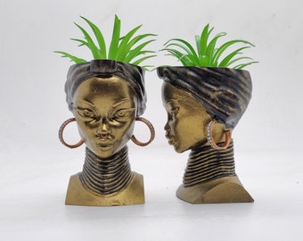 Bronze colour African lady planters, 4" black woman bust, African plant pot, african american gift idea, african woman vase, afro headwrap