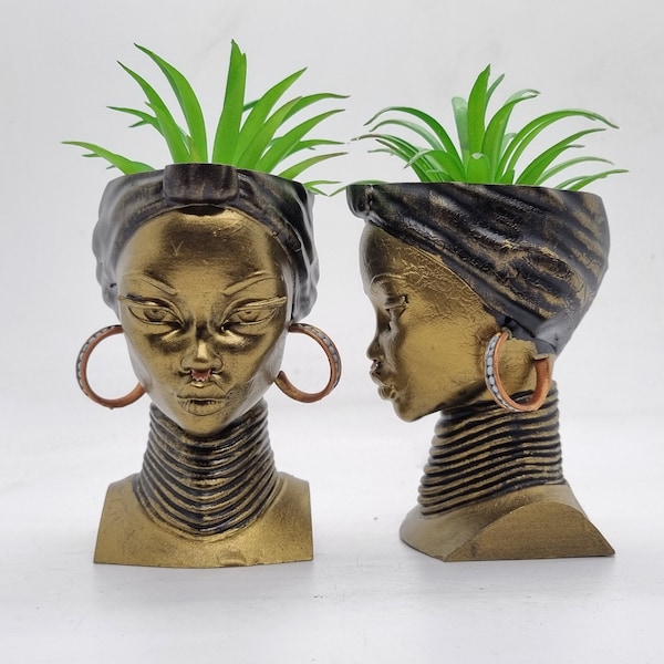 Bronze colour African lady planters, 4" black woman bust, African plant pot, african american gift idea, african woman vase, afro headwrap