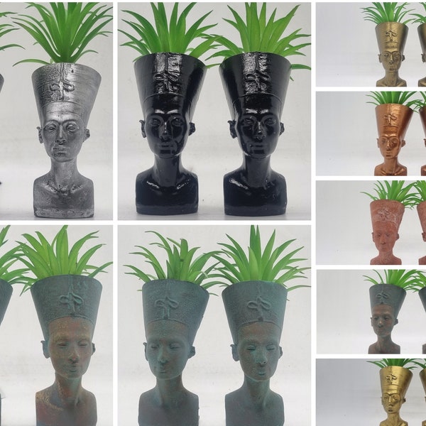 Paire de mini jardinières de la reine Néfertiti, décor égyptien imprimé en 3D, pots de plantes de la reine africaine, idée cadeau Egypte ancienne, buste de femme africaine en résine