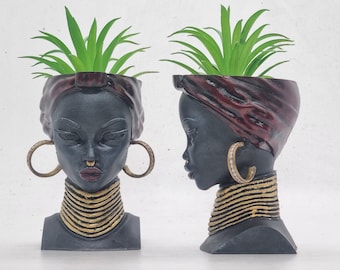 6 inch tall Black and red African lady planters,black woman bust,mini african vase, afro headwrap plant pot, African queens,African gift