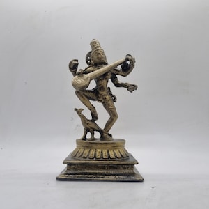 Gold colour Saraswati dancing with peacock, hindu goddess figurine,hindu Goddess statue, indian mythology gift idea, veena playing figure.