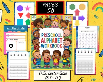 Cuaderno de ejercicios del alfabeto grande para preescolar: 58 páginas imprimibles / Formas, letras y más / Descarga en PDF / Tamaño carta (EE. UU.)