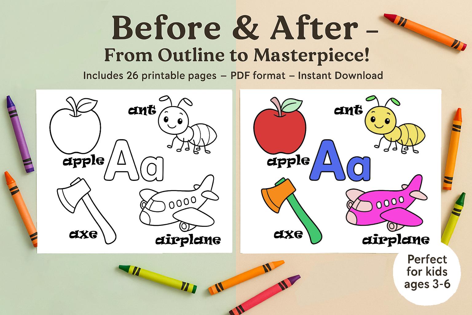 Dibujos para colorear del alfabeto de la A a la Z, 26 hojas de trabajo imprimibles en PDF para niños, divertidas letras de burbujas e ilustraciones adorables, descarga instantánea