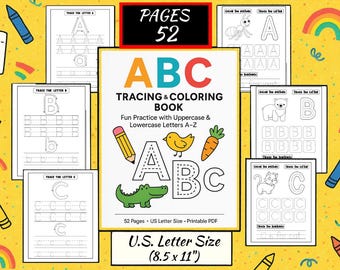 Páginas grandes para colorear y trazar el ABC: 52 hojas imprimibles para niños / Letras mayúsculas y minúsculas / Descarga en PDF / Tamaño carta de EE. UU.