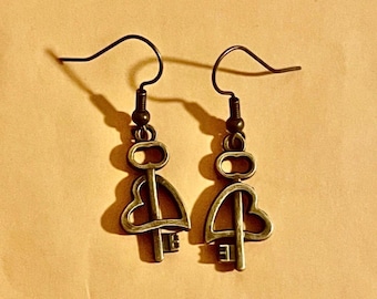 dark bronze key heart earrings