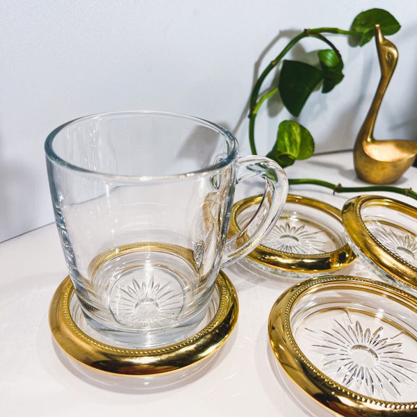 Brass & Crystal Coaster Set 1960 Leonard Italy Ashtrays Stackable Round Jewelry Trays Sunburst Retro Vintage Wedding Shower Gift Hostess