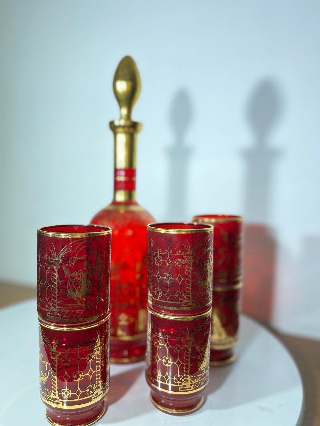 Vintage Red and Gold Murano Decanter Set Etsy